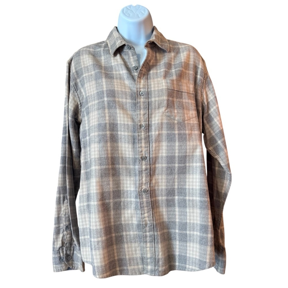 Upcycled Grey Plaid Flannel Shirt stenciled Wing Design tea dyed sz Large - Picture 3 of 11